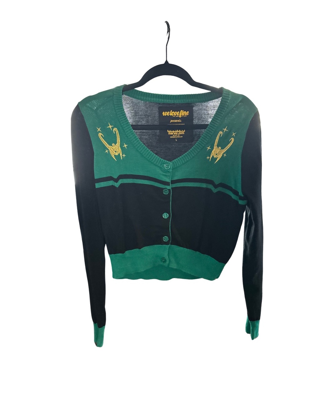 Marvel Green & Black Loki V-Neck Crop Button Cardigan with Gold Embroidery